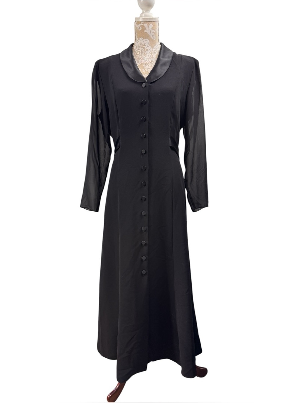 David Warren Size 14 Black Tuxedo Maxi Dress Shaw Collar Formal Evening Gothic